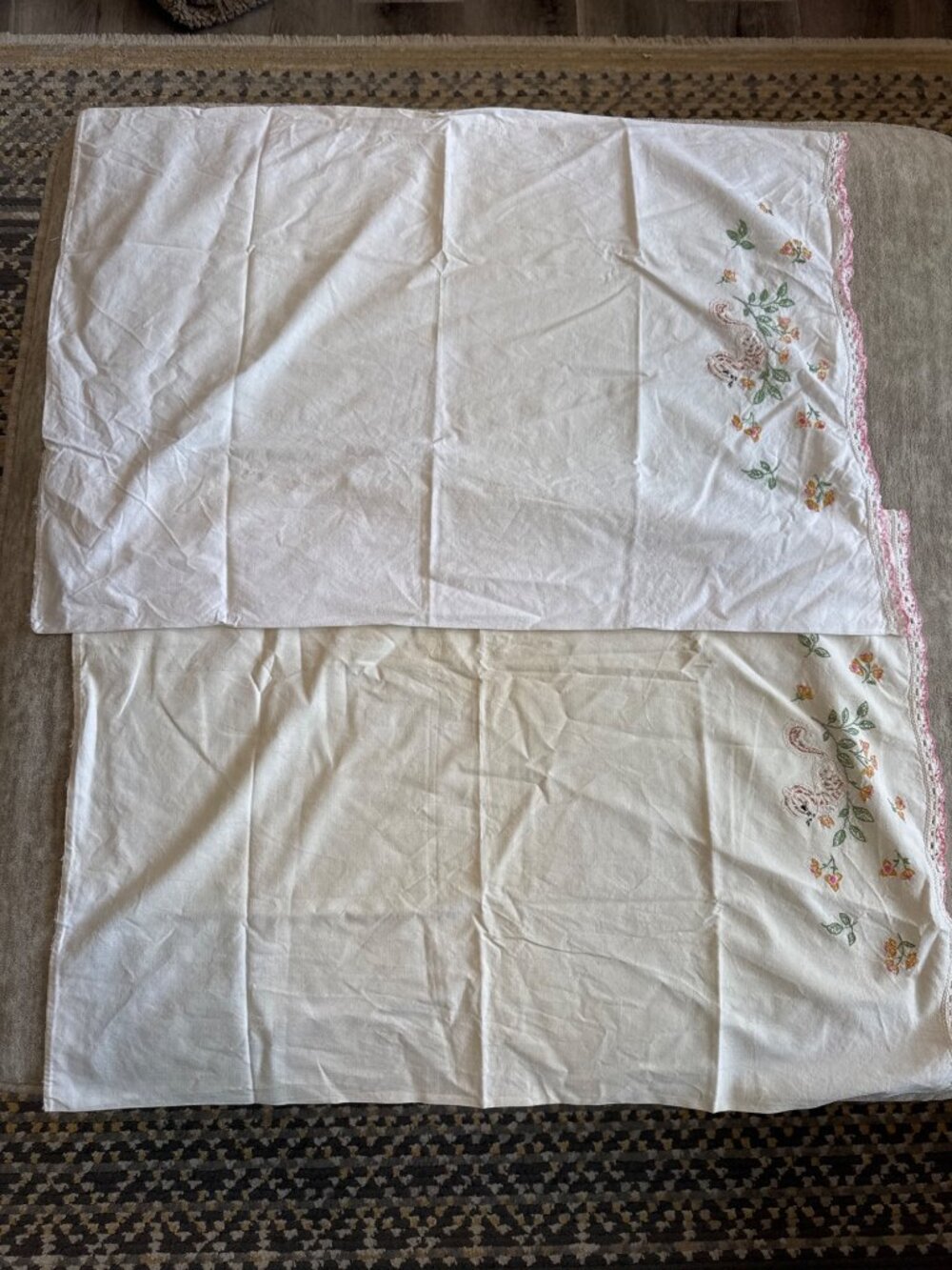 Vintage Set of 2 Handmade Embroidered Pillowcases with Chipmunk Pink Trim